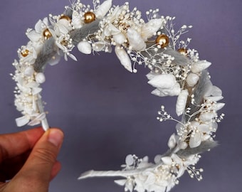 Cerchietto con fiori secchi color avorio, grigio e oro, accessorio rustico per capelli da sposa in stile boho, corona floreale per damigelle d'onore