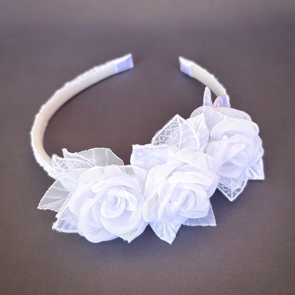 White flower headband Women Adults Girls Toddler Headband Wedding Baptism Christening First Communion Headband Bridesmaid Headband Gift girl