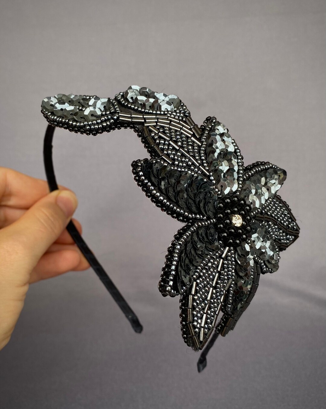 Black Beaded Flower Headband Women Adult Girl Bridesmaid Etsy