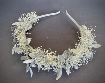 Cerchietto con fiori secchi color argento e avorio, corona floreale per donne, ragazze, spose, damigelle d'onore