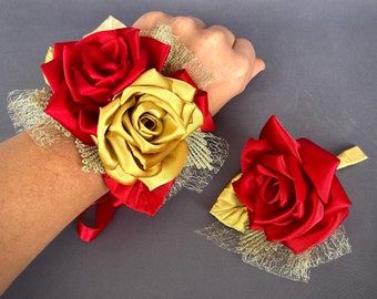 Red gold Flower Wrist Corsage Boutonniere Set Wedding Homecoming Grad Prom Corsage Groom Boutonniere Bridesmaid Corsage Homecoming keepsake