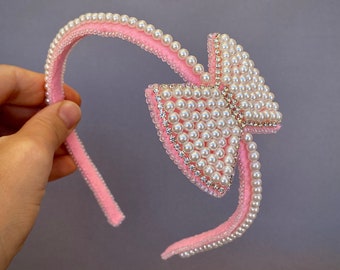 Pink Pearl Rhinestone Bow Headband, Wedding Party Girl Headband