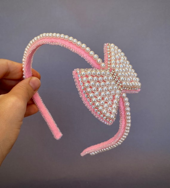 Pink Pearl Rhinestone Bow Headband, Wedding Party Girl  display picture 3