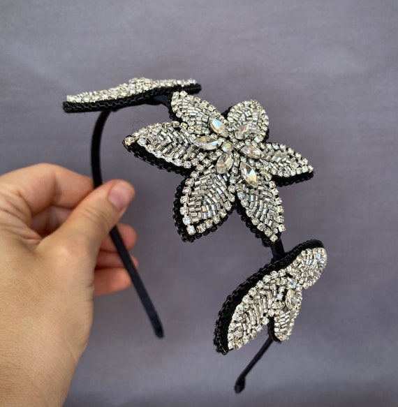 Silver Rhinestone Black Floral Headband Black Headband With Silver Flowers - Etsy main image 2