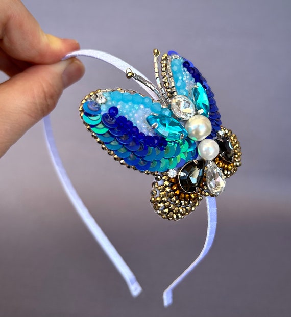 Embellished Blue Headband with Butterfly Design Amazon.com : Blue Butterfly Headbands for Girls Hair Bands  main image 4