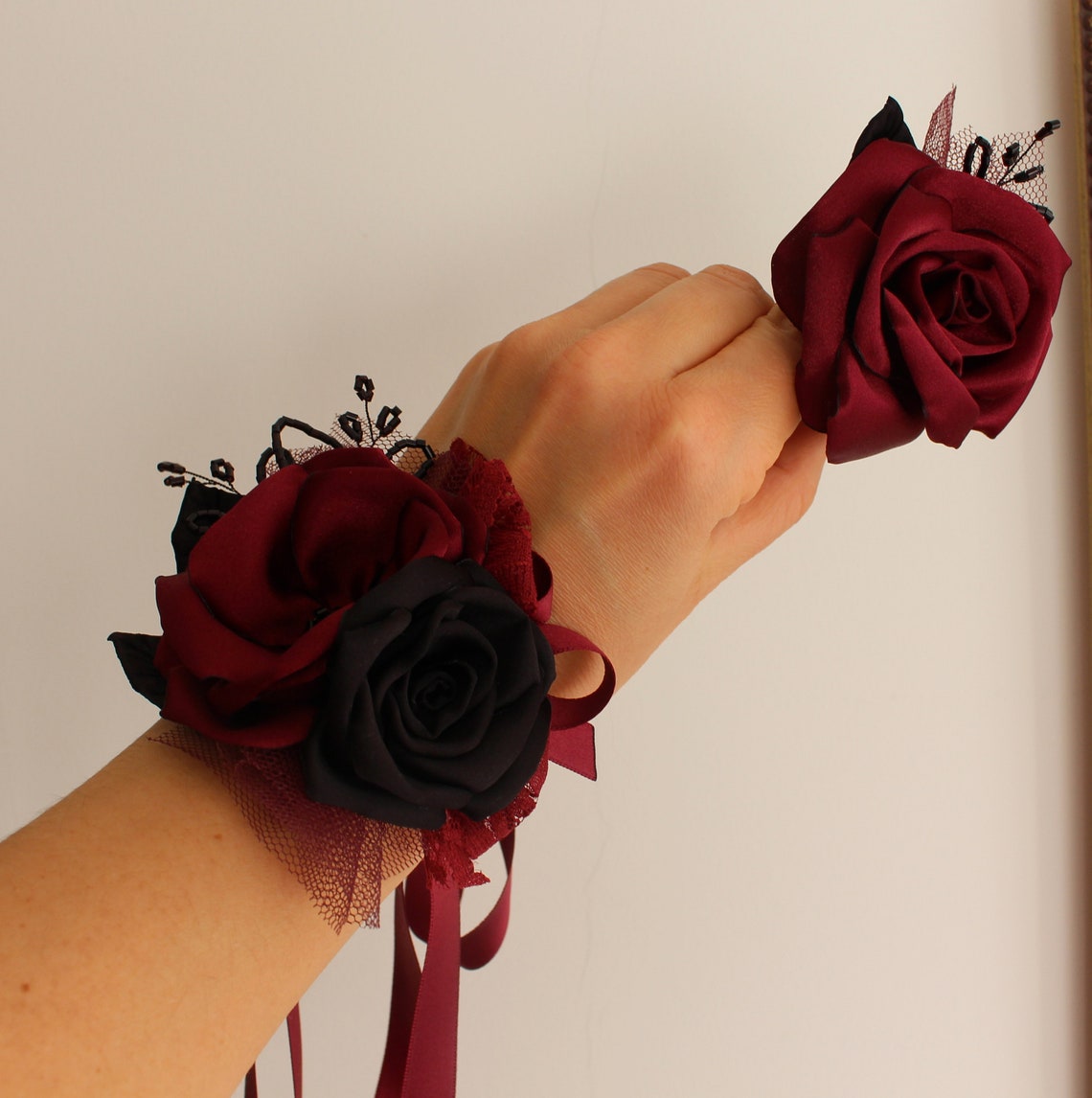 Burgundy black Wrist Corsage boutonniere Wedding Grad Prom Etsy
