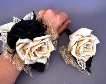 Black gold Wrist Corsage boutonniere Set Wedding Corsage Bridesmaid Corsage Groom Boutonnière Prom Corsage Homecoming Flower Alternatives