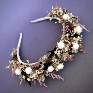 Boho Wedding Headband Ivory green natural Dried Flowers Rustic Floral Crown for Bride Bridesmaid Real Preserved Flowers Hairpiece Wildflower