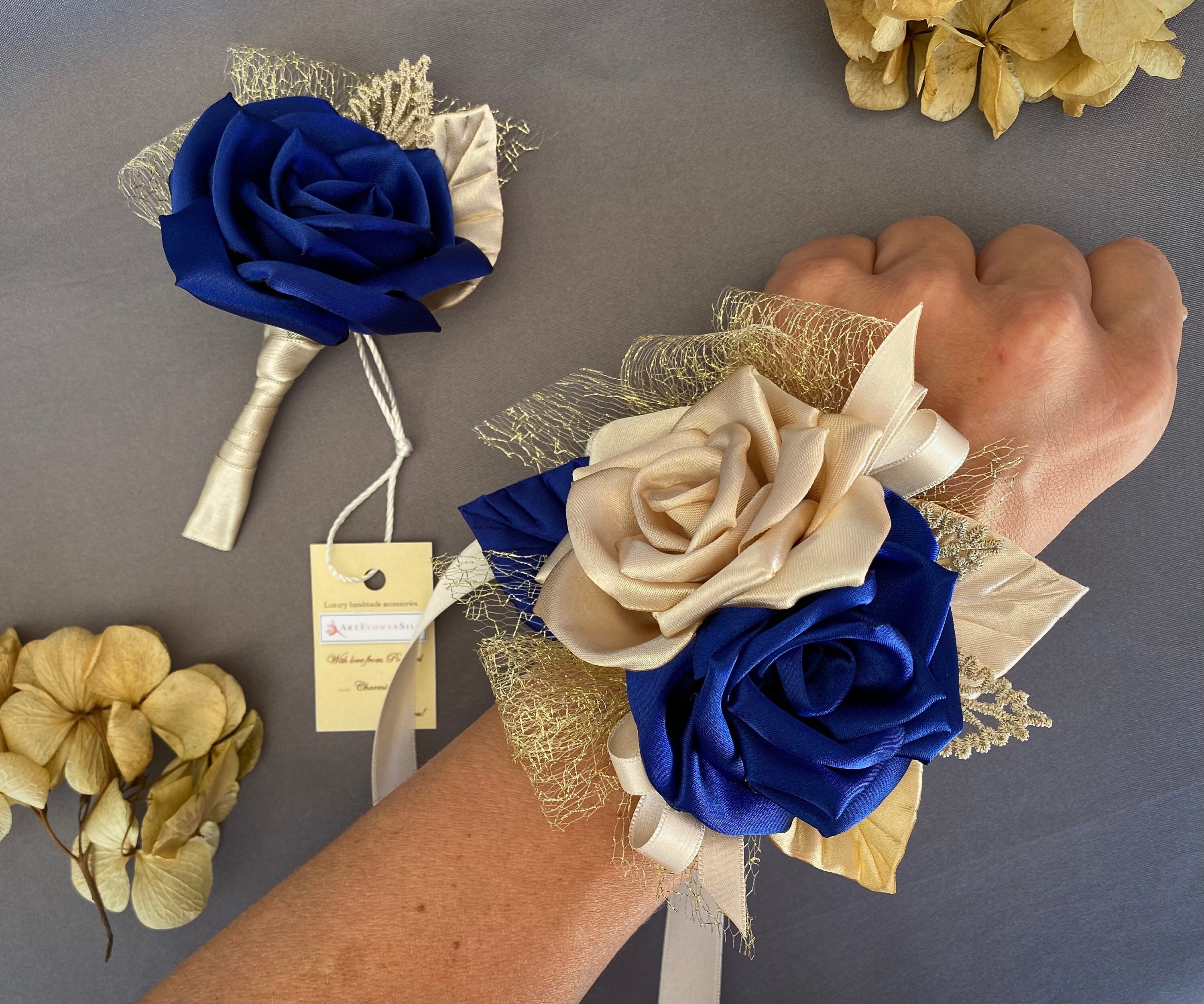 Champagne Royal Blue Gold Corsage Boutonniere Set Wedding Grad