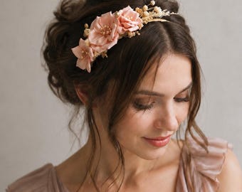 Perzik ivoor bloemen hoofdband, abrikoos bruids haaraccessoire, bruiloft bloem kroon, romantische boho zendspoel, handgemaakte perzik haarstukje bruid