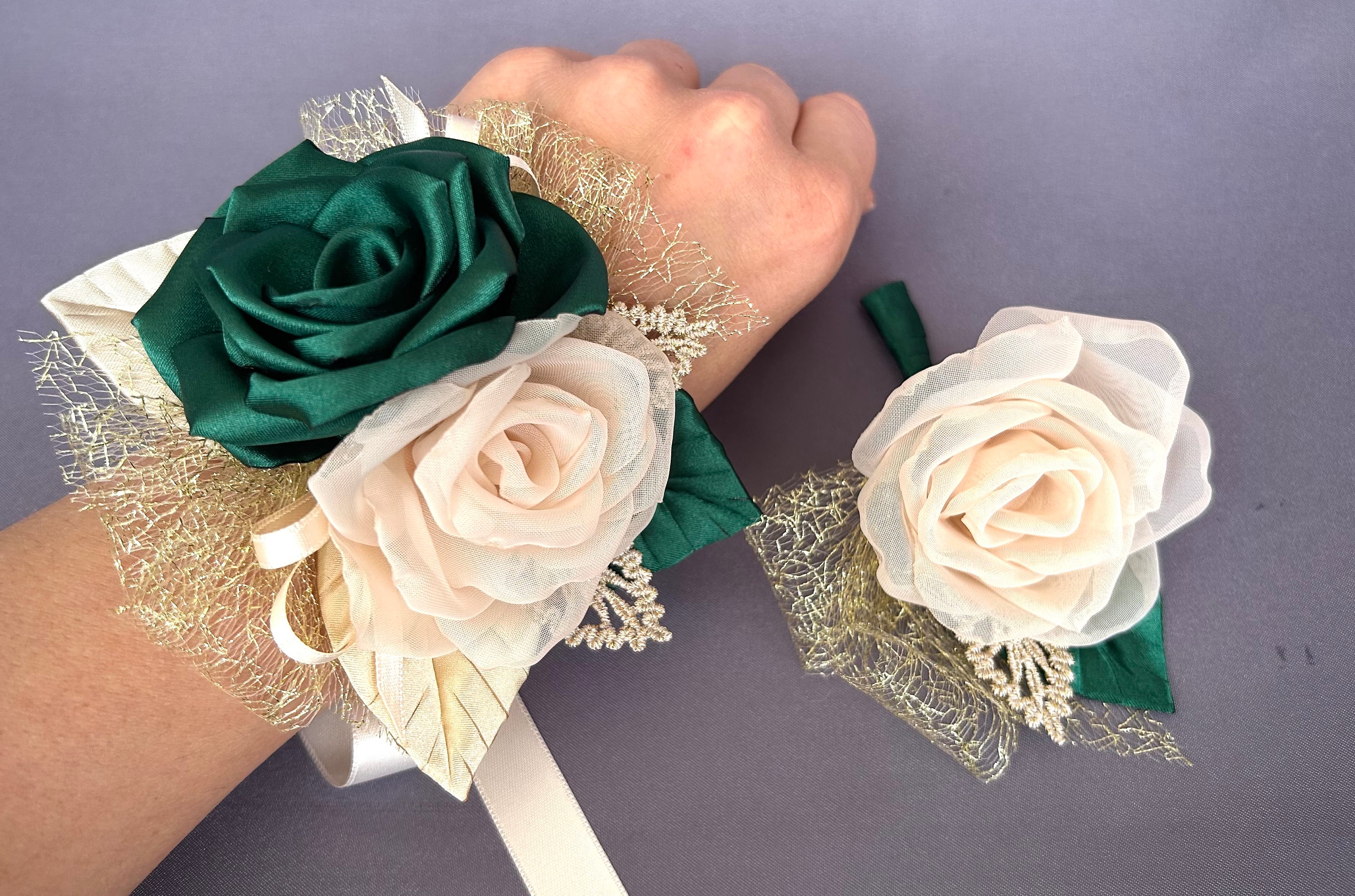 Emerald Green and Champagne Flowers Wrist Corsage Boutonniere Set - Wedding  Prom Homecoming, Bridesmaid Groomsmen - Etsy