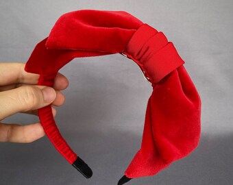 Red Velvet Bow Headband Christmas Bow Headband Red Bow Velvet Headband hair bow 50s hat 60s hat Girl Womens Headband vintage bow Headband