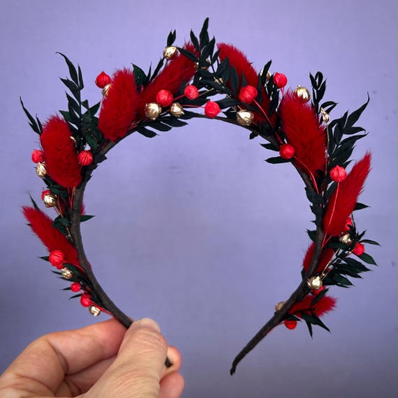 Red Gold Green Dried Flowers Headband, Wedding Floral Crown  display picture 2