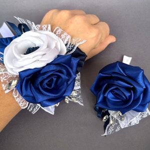 Royal blue white flower Wrist Corsage boutonniere Set Wedding bride Bridesmaid Wrist Corsage Homecoming Grad Prom Corsage flower Alternative