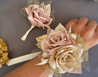 Champagne and Blush Pink Gold Corsage Boutonnière Wedding Prom graduate Corsage Boutonniere Bridesmaid Corsage Groom Boutonniere Homecoming