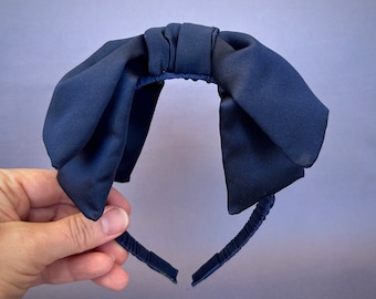 Navy Blue Satin Bow Headband, Girls & Adults