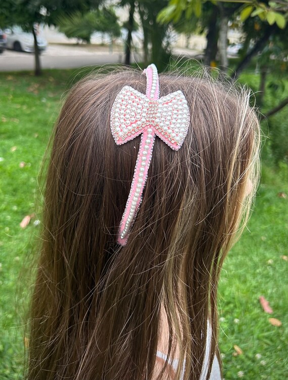 Pink Pearl Rhinestone Bow Headband, Wedding Party Girl 