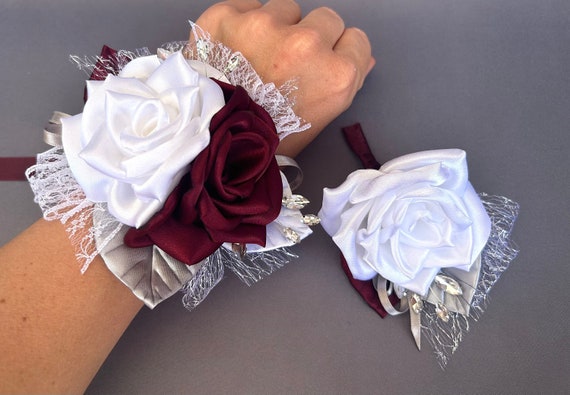 Burgundy White silver flower wrist corsage boutonniere Set - Wedding Homecoming Prom accessory, Bridesmaid gift