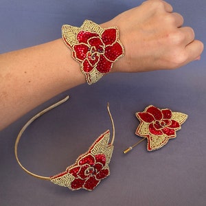 Gold red Corsage Boutonnière Headband Set Prom Wedding Bride Bridesmaid Corsage Groom Boutonniere jewelry beaded red rose Wrist Corsage gift image 3