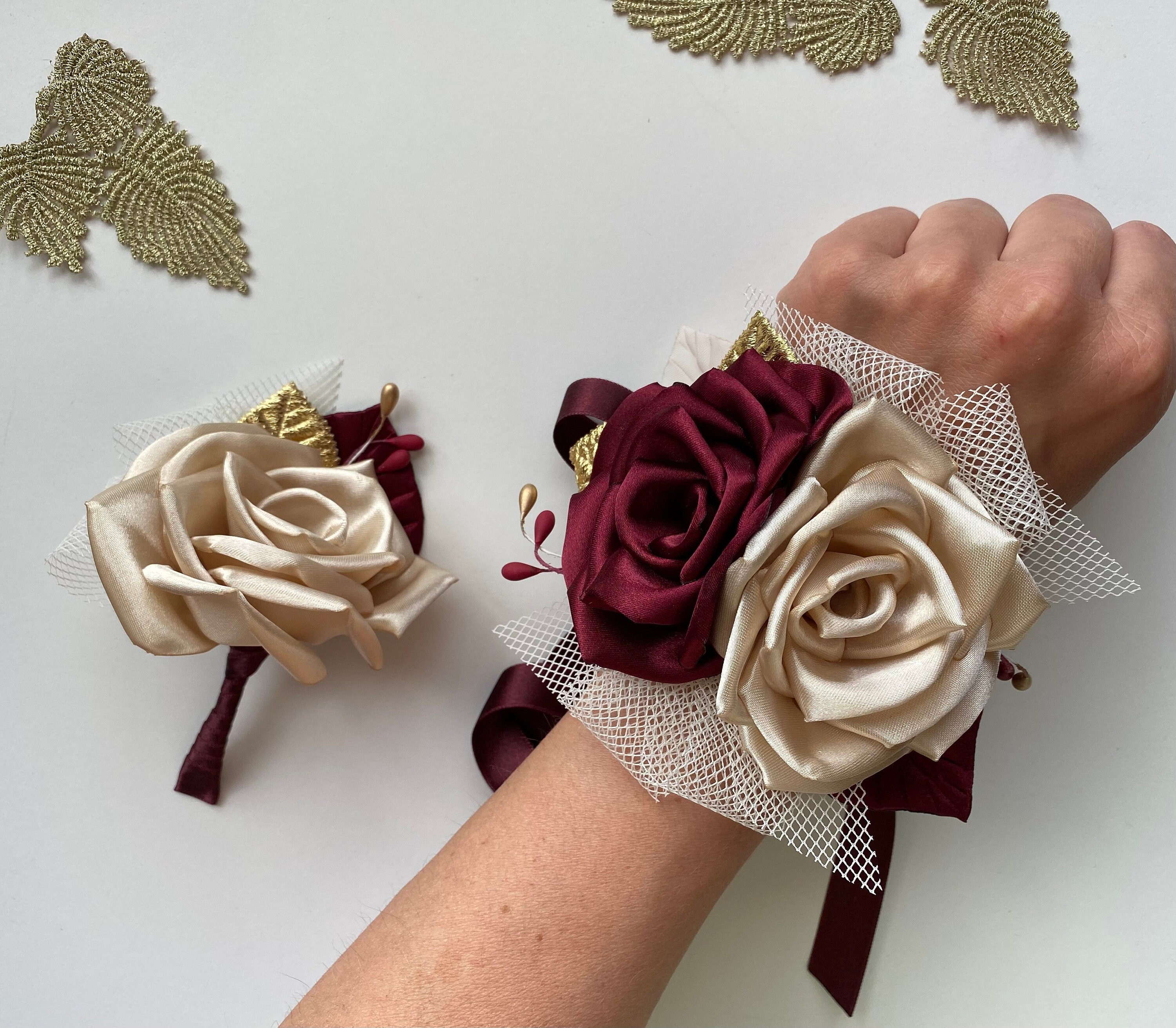 Bourgondische gouden bloem Pols Corsage of - Etsy