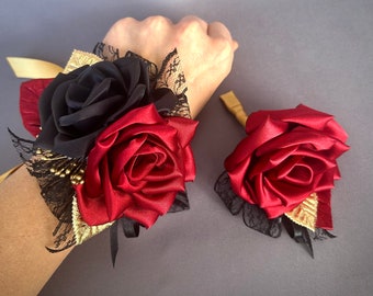 Red black gold Flower Wrist Corsage boutonniere Wedding Prom Corsage Bridesmaid Corsage Groom Boutonnière Homecoming Flower Alternatives