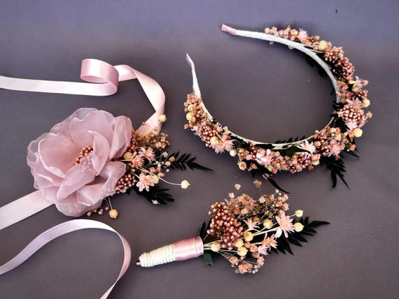Pink Green Dried Flower Headband, Boho Rustic Wedding Floral 