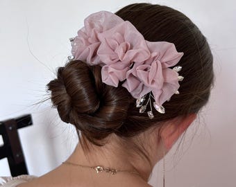 Blush Pink Organza Floral Hair Pins, Bridal Wedding Crystal Hair Accessories, Set of 3