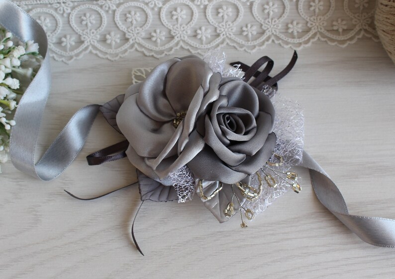 Shades of Grey Flower Wrist Corsage boutonniere Charcoal Grey Etsy