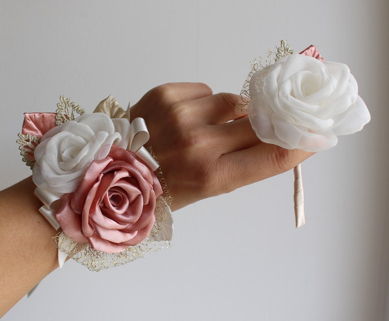 Cream Wrist Corsage Bracelet and Boutonniere Set Rhinestone Ribbon Flower Wedding Prom Cream Wrist Corsage Bracelet and Boutonniere Set Rhinestone Ribbon Flower Wedding Prom