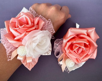 Coral Ivory flower wrist Corsage Boutonniere Set for Wedding, Prom, Homecoming,  Bridesmaid, Bride, Groom