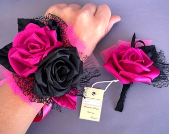 Hot pink and black fuchsia Flower Wrist Corsage Boutonniere Set Wedding Homecoming Prom Wrist Corsage Bridesmaid Corsage flower Alternative