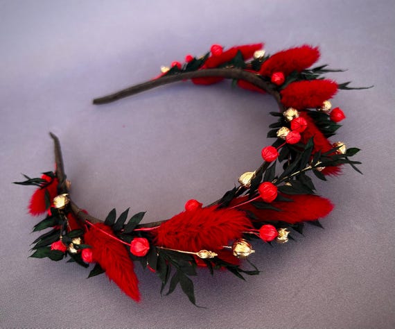 Red Gold Green Dried Flowers Headband, Wedding Floral Crown 