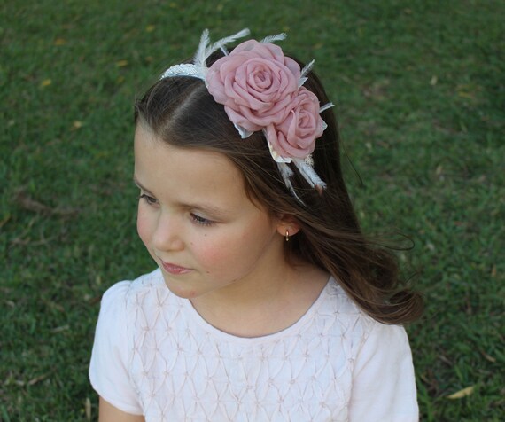 Dusty Rose Flower Headband, Champagne Feather Accent – Wedding, Party
