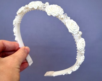 Ivoorkleurige parelstrass-roos hoofdband voor babymeisjes, haaraccessoire bruiloft