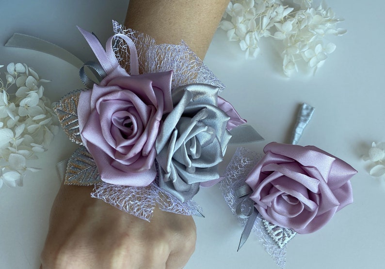 Light Purple Lilac Silver Wrist Flower Corsage Boutonniere Set Etsy
