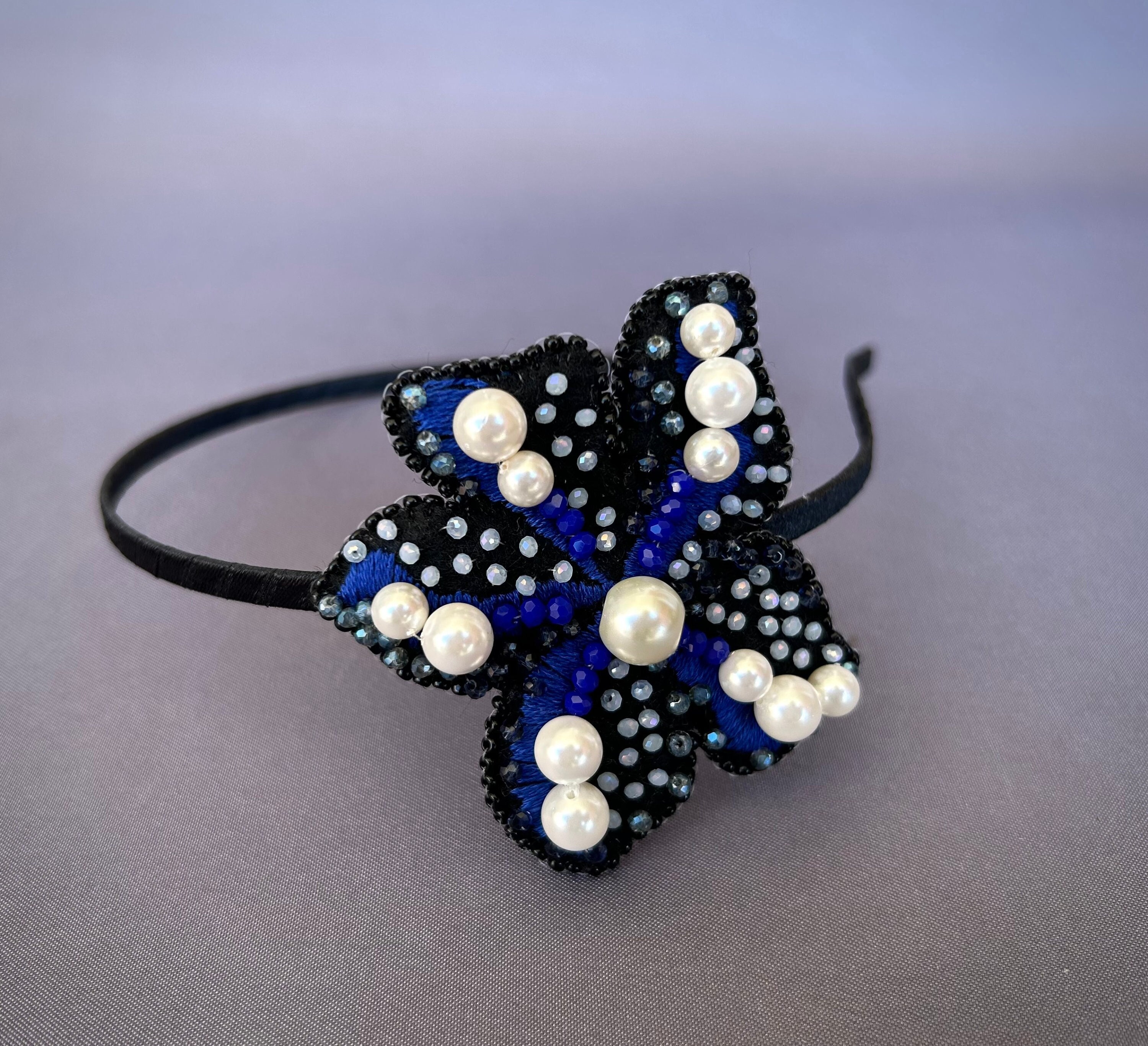 Beaded Flower Headband, Crystal & Pearl Party Hair Accessory 