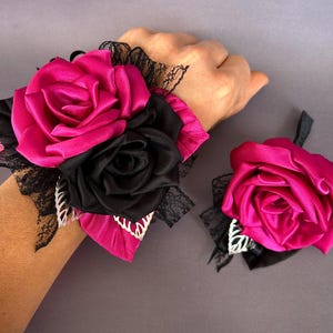 Fuchsia pink black fuchsia Flower Wrist Corsage Boutonniere Set Wedding Homecoming Prom Wrist Corsage Bridesmaid Corsage flower Alternative