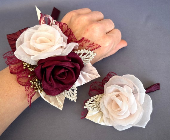 Blush Pink Burgundy Fabric Flower Wrist Corsage Boutonniere Set for  Wedding, Wedding, Prom, Bridesmaids - Etsy