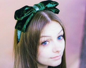 Diadema con lazo de terciopelo verde esmeralda para mujeres y niñas, diadema rígida vintage, regalo