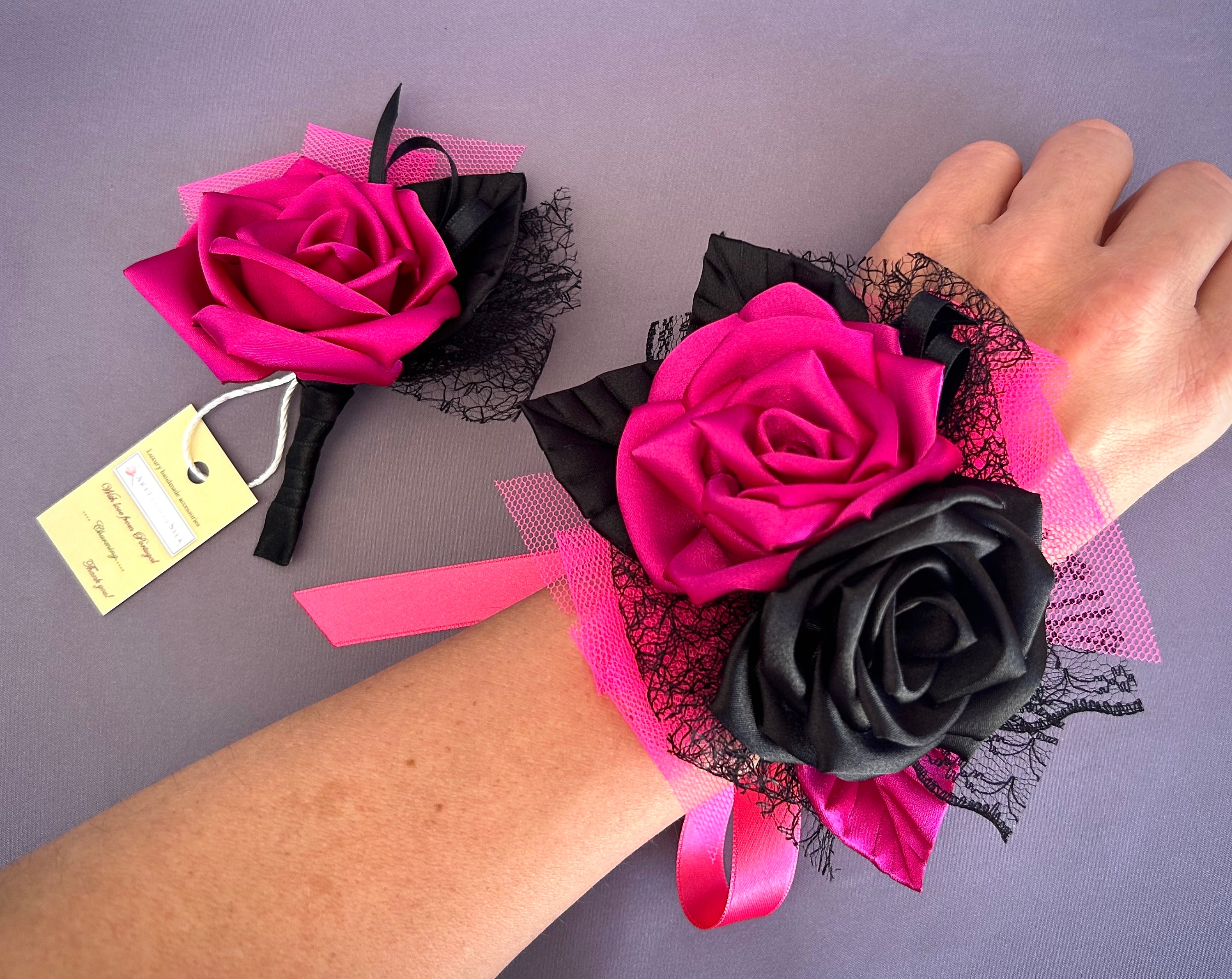 Hot Pink and Black Fuchsia Flower Wrist Corsage Boutonniere - Etsy