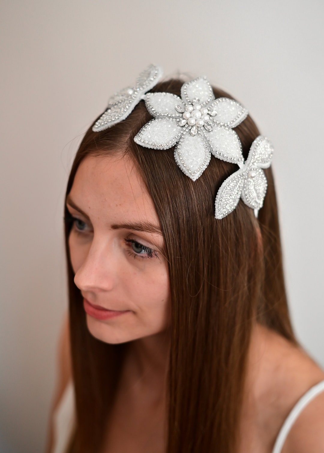 Beaded Flower Headband Crystal Rhinestone Headband Party Prom Wedding