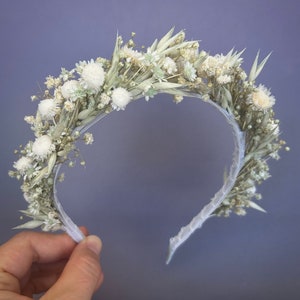 Ivory green natural Olive Dried flower headband Bridesmaid Bridal crown Boho Rustic Sage green wedding Preserved Wildflower flower headband