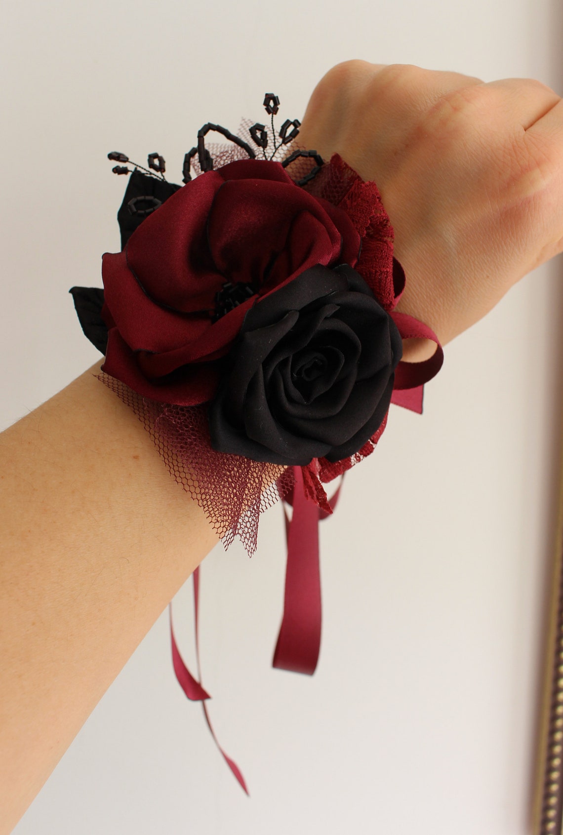 Burgundy black Wrist Corsage boutonniere Wedding Grad Prom Etsy