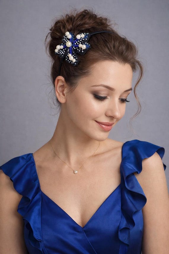 Pearl Bead Crystal Flower Headband Luxury Rhinestone Bling Hair Accessory Beaded Flower Headband, Crystal & Pearl Party Hair Accessory  main image 3