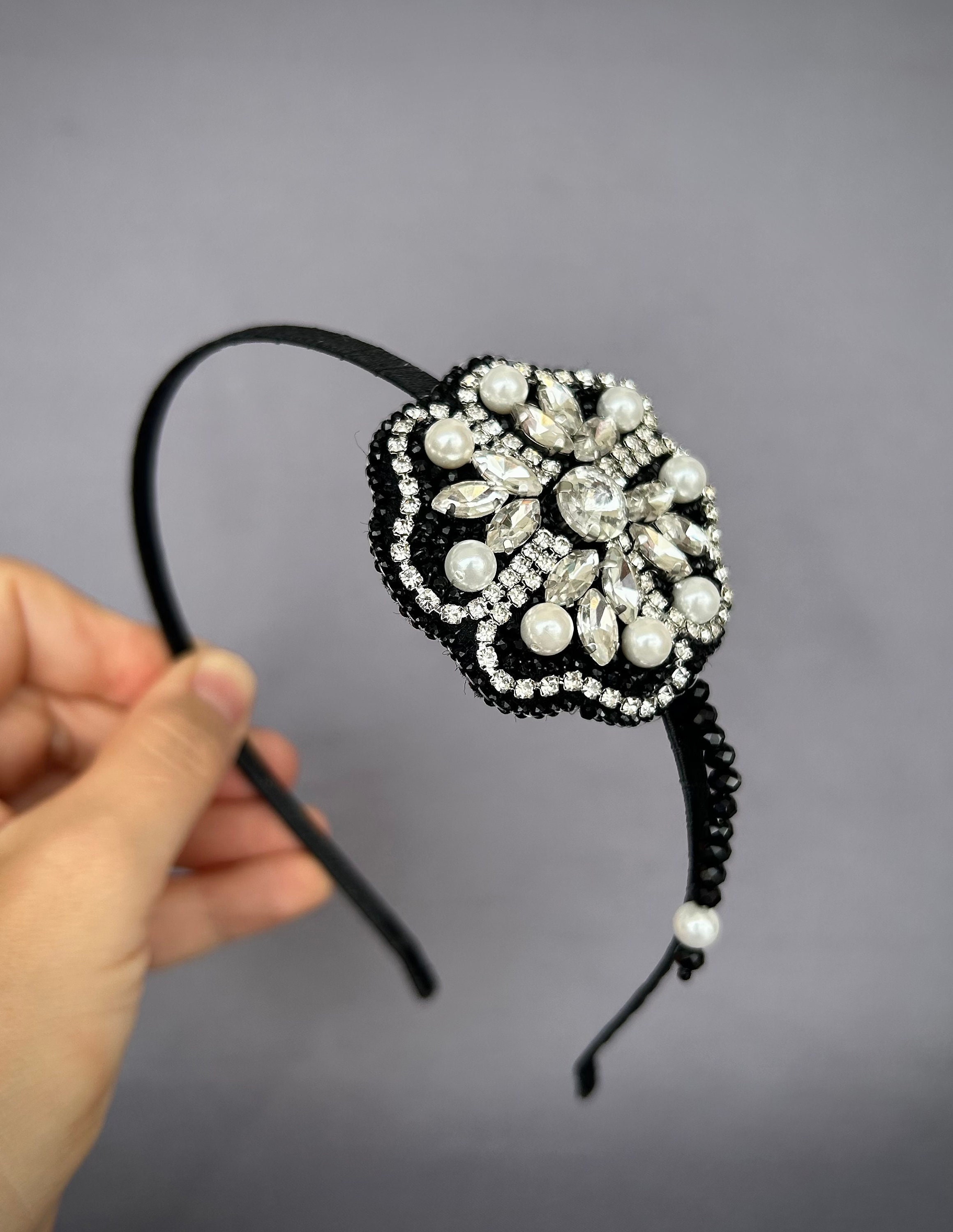Elegant Black and Silver Embellished Headband Sparkling Black Crystal Rhinestone Headband Hairband - Thick  main image 4
