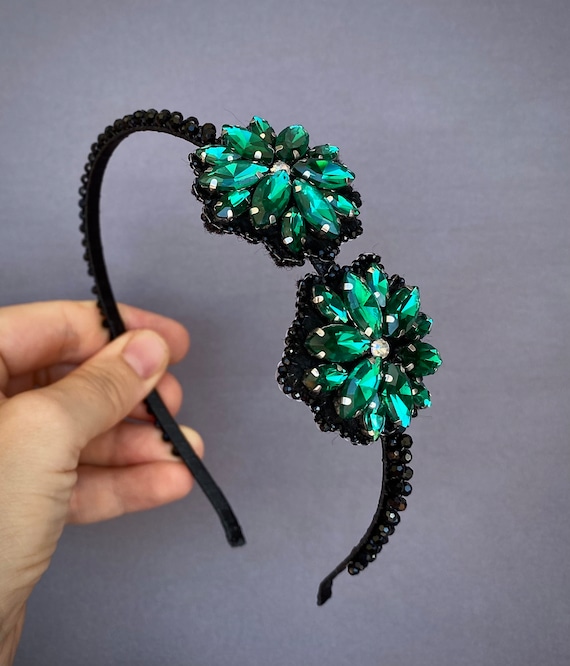 Emerald Green Black Beaded Rhinestone Headband for Women  display picture 1