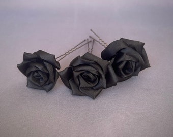 Black Rose Hair Pins, Satin Bridal Bobby Pins, Set of 3