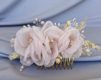 Blush rosa Blumen Hochzeit Haarkamm, romantischer Boho Braut Haarschmuck