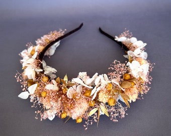 Gold ivory Dried Flower Headband, Rustic Boho Bridal Crown, Wedding Headpiece for Bridesmaids Girls