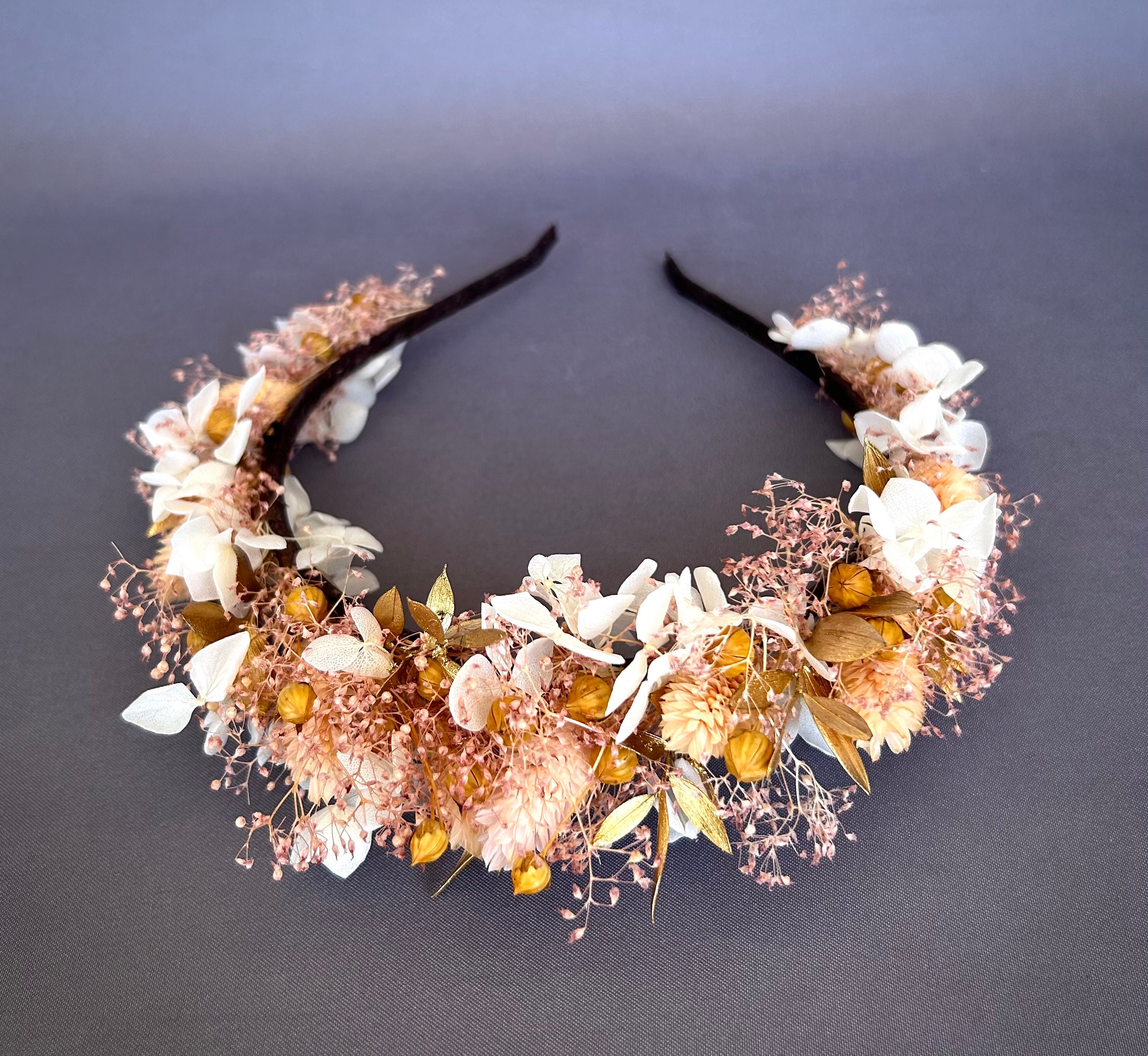 Gold Ivory Dried Flower Headband, Rustic Boho Bridal Crown 